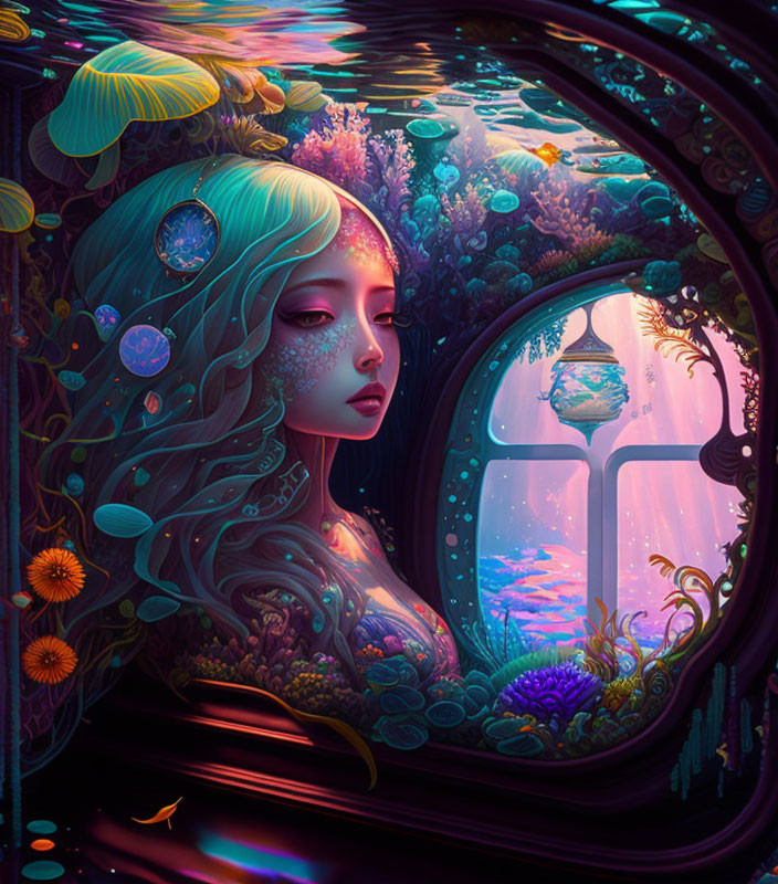 Aquatic-themed artwork featuring woman in submarine window.