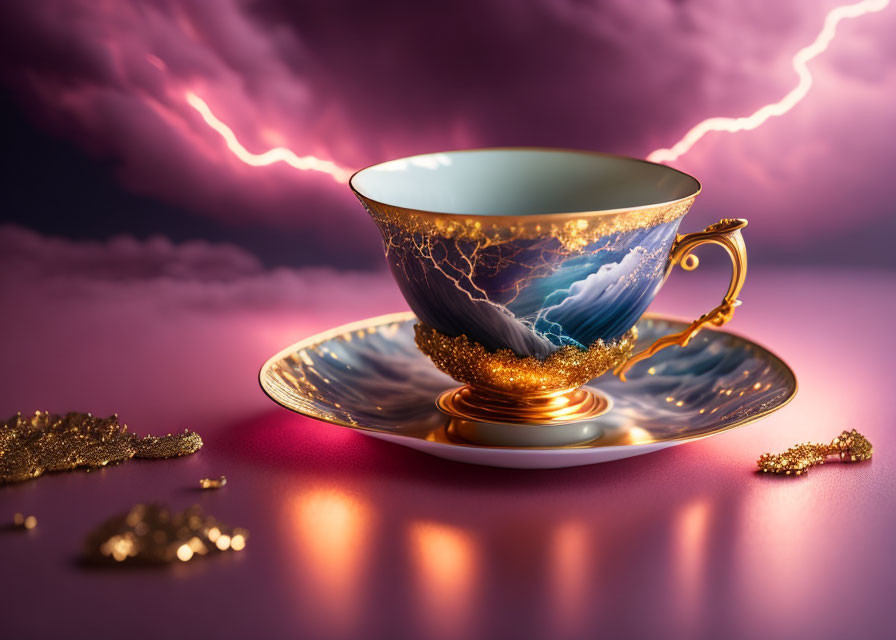 Ornate teacup with stormy sea design under purple sky and gold accents