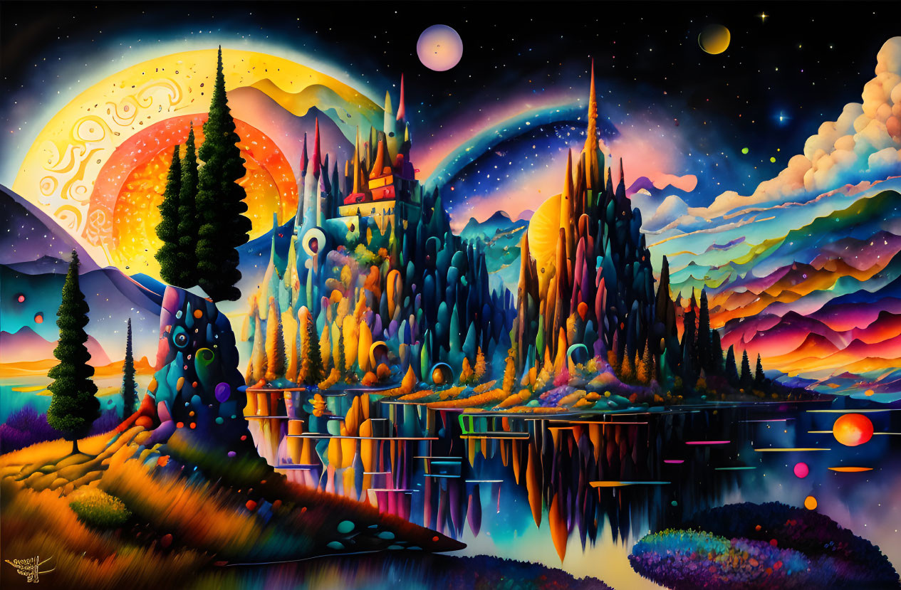 Fantastical landscape with castle on colorful cliffs, large moon, reflective water & lush flora