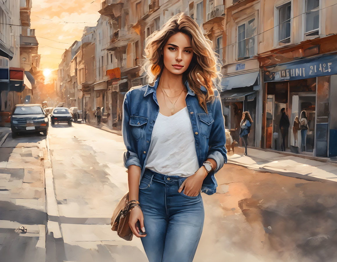 Fashionable Woman Strolling in Urban Sunset