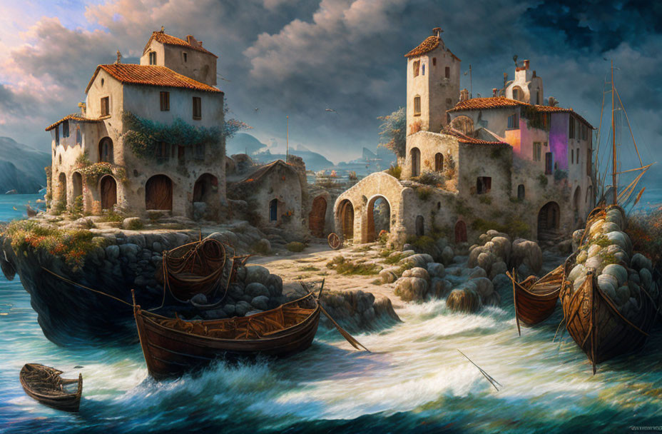 Stone houses, boats, and calm sea in coastal village under dramatic sky