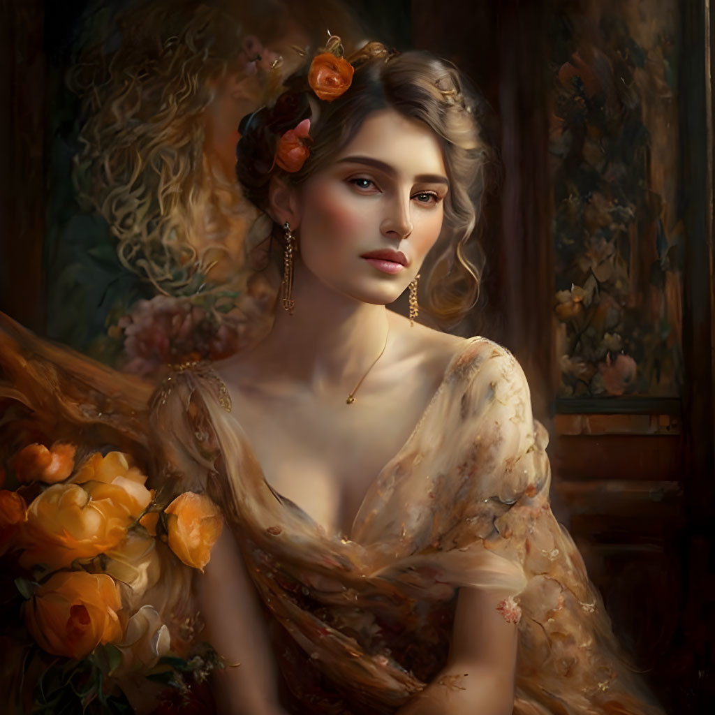 Portrait painting of woman in floral dress with roses, warm tones & soft lighting