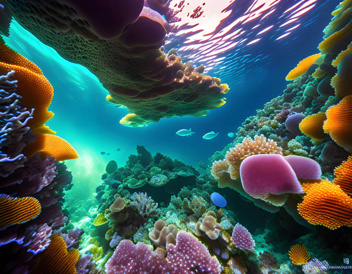 Colorful Coral Reef Scene with Diverse Corals, Light Rays, and Fish