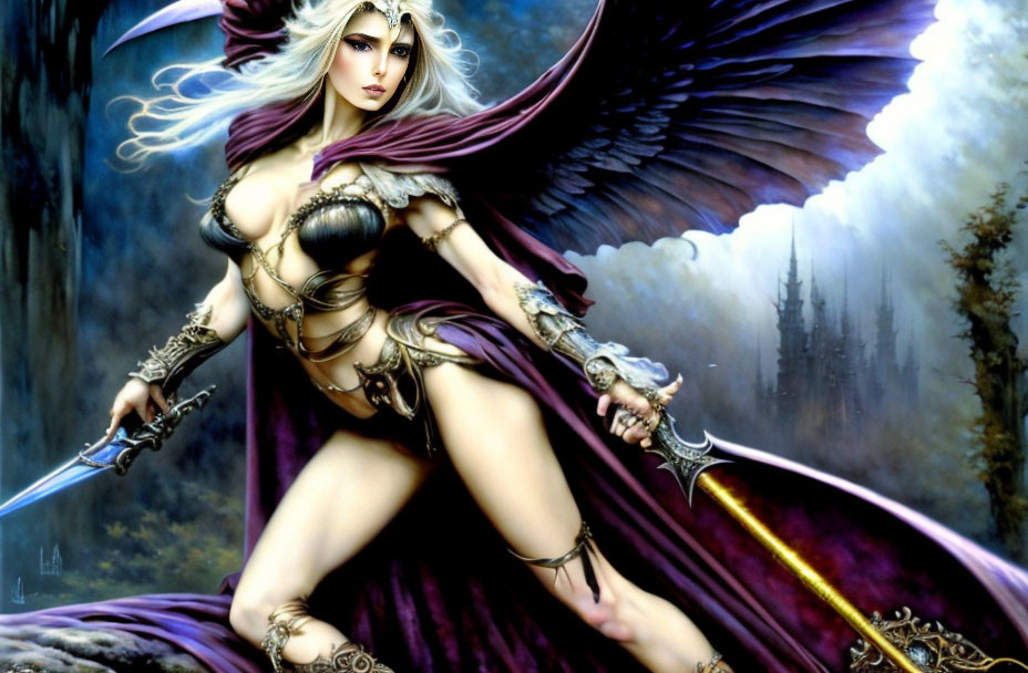 White-haired female warrior with wings and sword in mystical forest and castle.