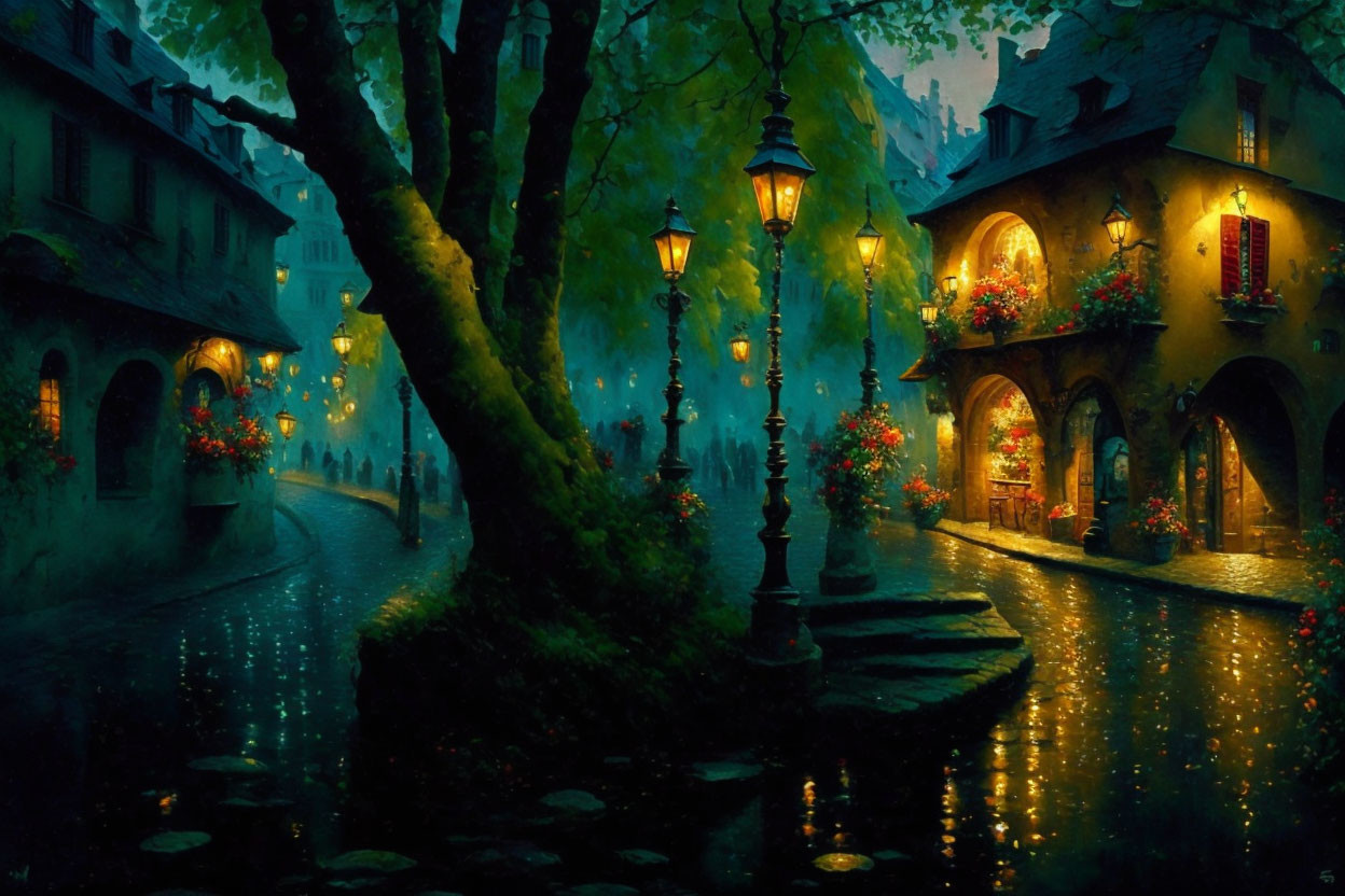 Twilight scene: cobblestone street, glowing lanterns, trees, quaint houses.