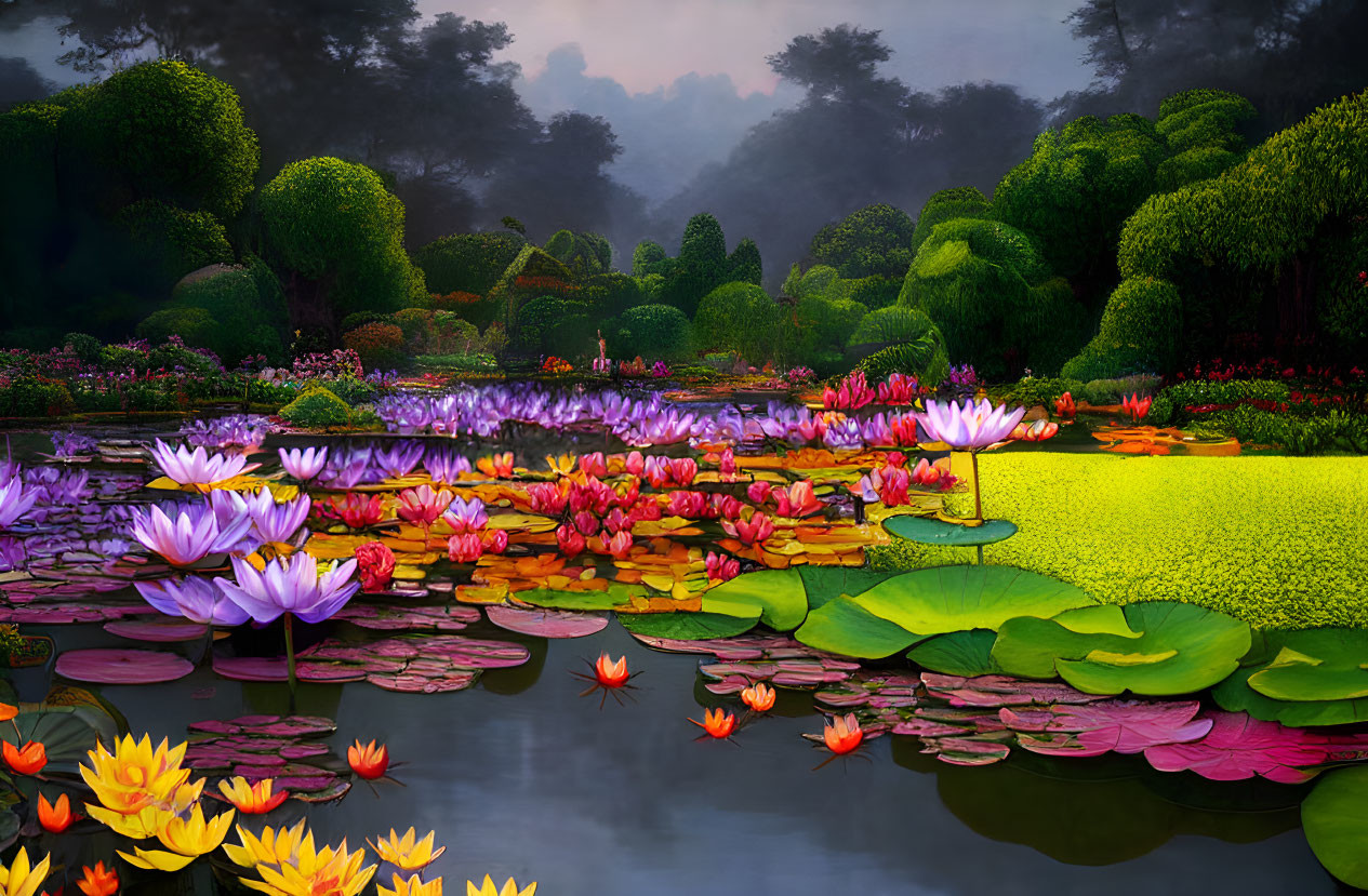 Colorful Lily Pads and Lotus Flowers in Serene Garden Pond