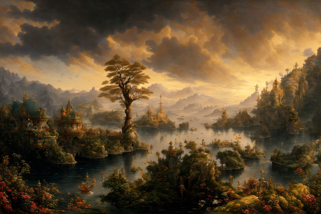 Fantastical landscape painting with ornate buildings, serene lake, boats, lush greenery