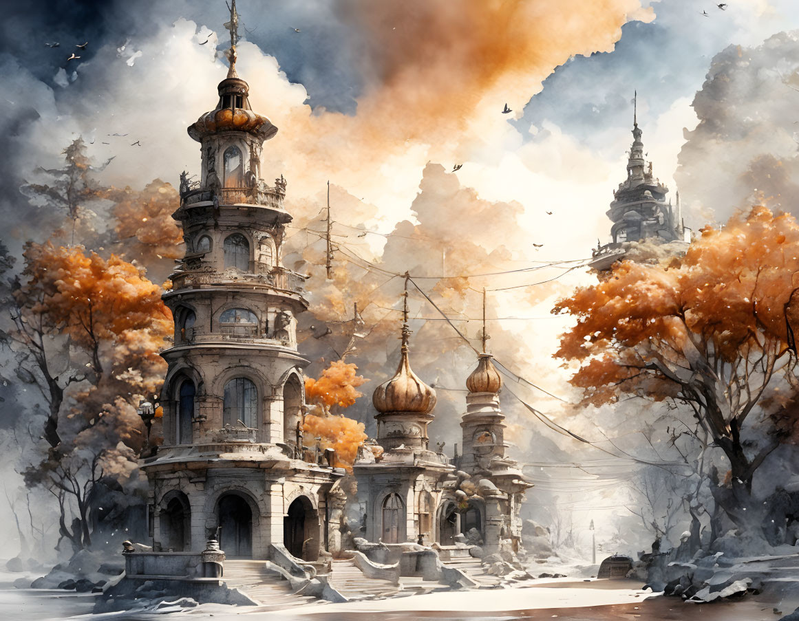 Aged snowy cityscape with ornate towers and autumn trees