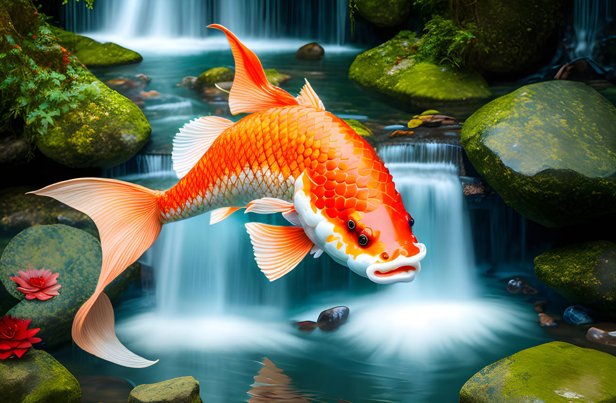 Colorful Oversized Koi Fish in Mossy Stream Scene