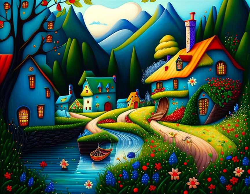 Colorful painting of whimsical houses by a river with green hills & mountains