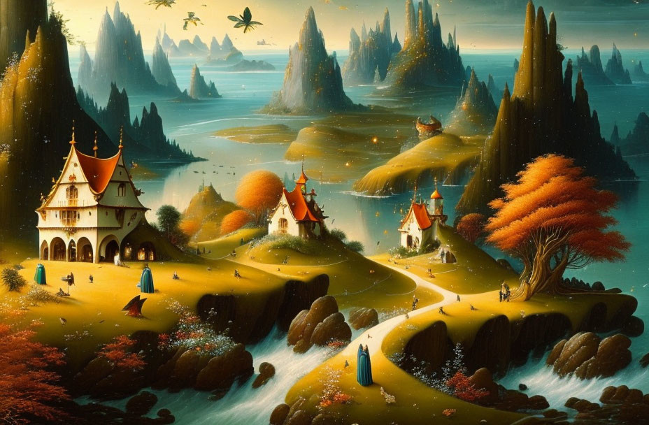 Whimsical castles and floating islands in a fantastical landscape