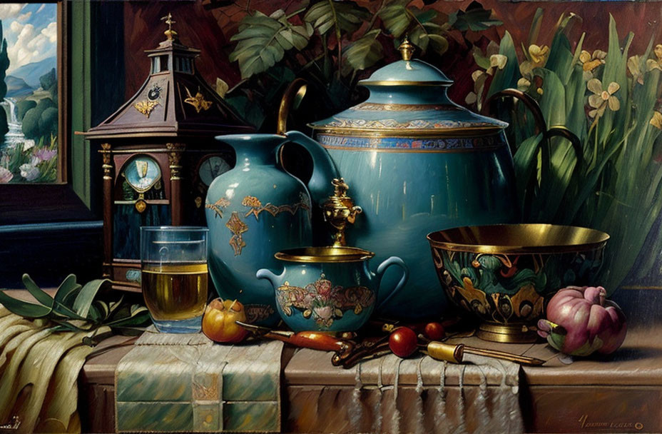 Ornate tea set, brass clock, glass of liquid, fruits in lush still life painting