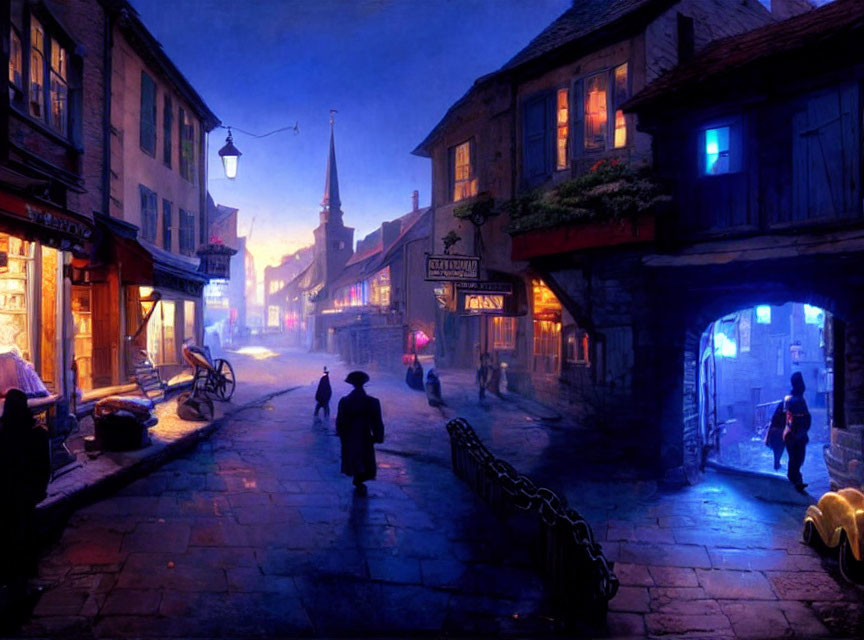 European Street Twilight Scene with Cobblestone Roads and Warm Lights