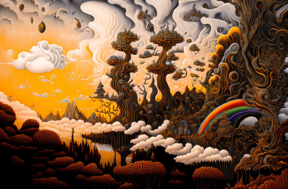 Surreal landscape with swirling clouds, ornate trees, mountains, and rainbow under gradient sky.