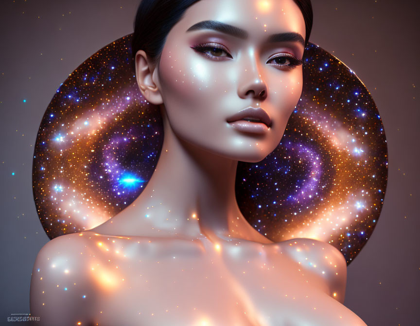 Digital Art: Woman with Cosmic Galaxy Pattern on Skin