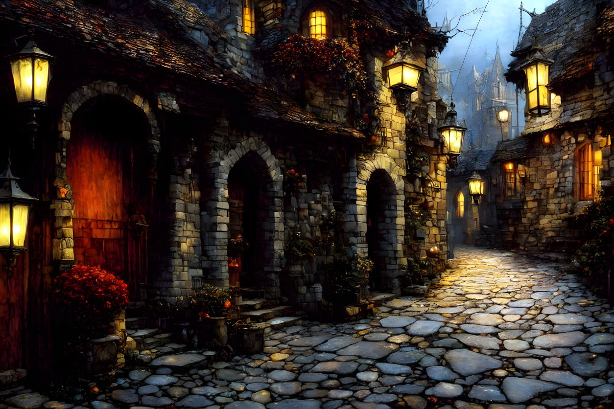 Illuminated cobblestone street at dusk with old stone houses and red flowers