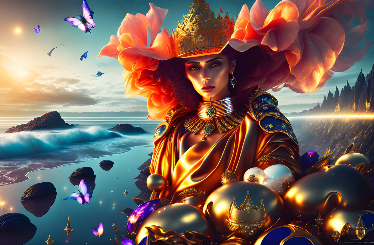 Regal Figure in Ornate Crown and Vibrant Robes Amid Mystical Seaside Landscape