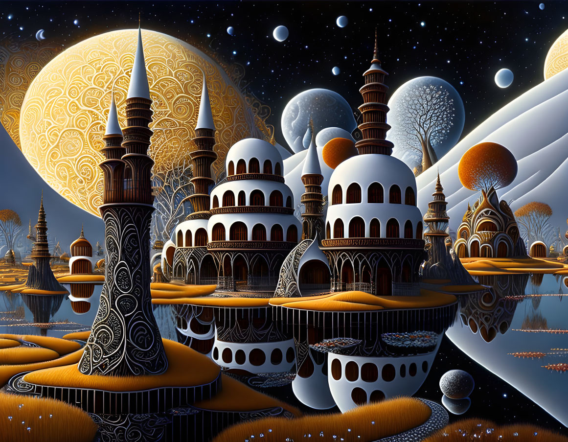 Fantastical landscape with domed buildings under starry sky