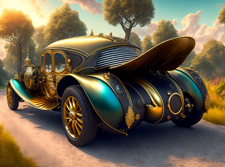 Vintage car with golden details and pearlescent finish on sunlit road