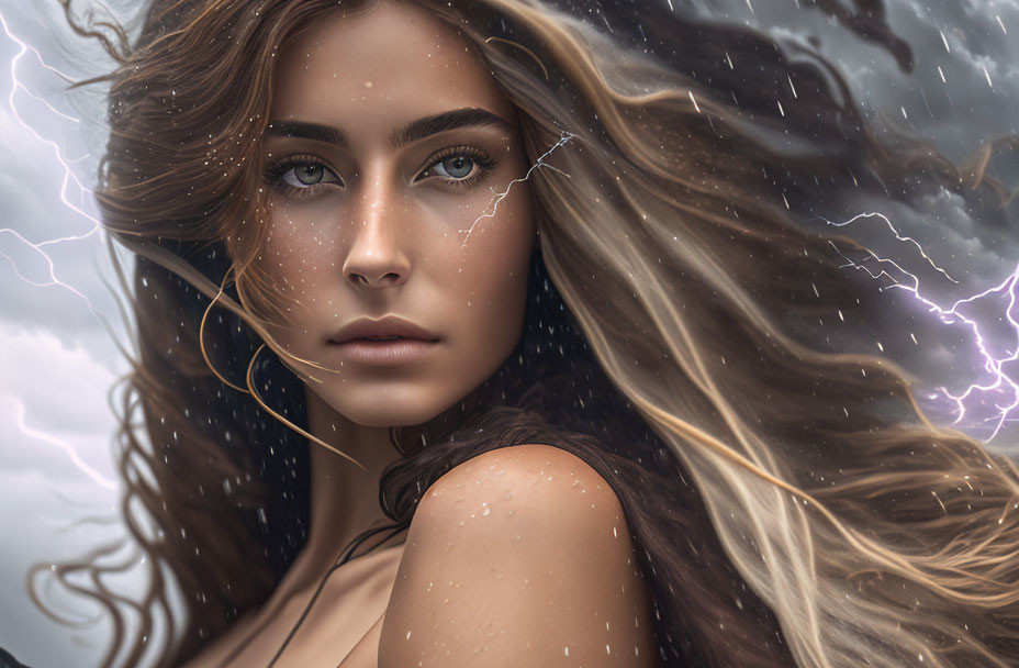 Woman with long flowing hair in stormy portrait with raindrops and lightning