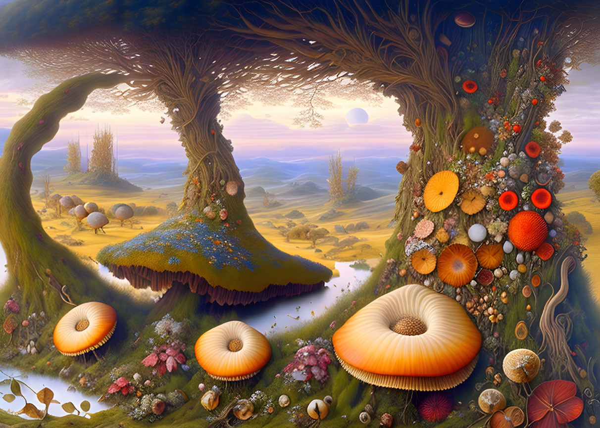 Colorful Fantasy Landscape with Oversized Mushrooms and Sunset