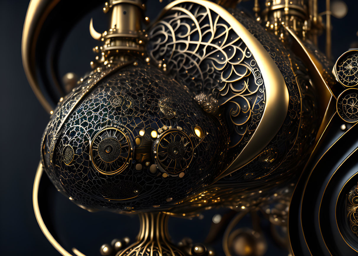 Golden steampunk sphere with intricate patterns and mechanical details on dark background