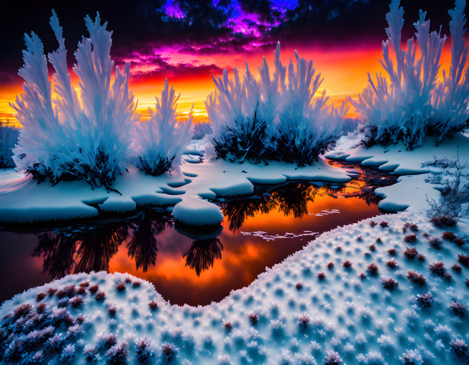 Scenic snowy landscape with vibrant sunset and frost-covered plants