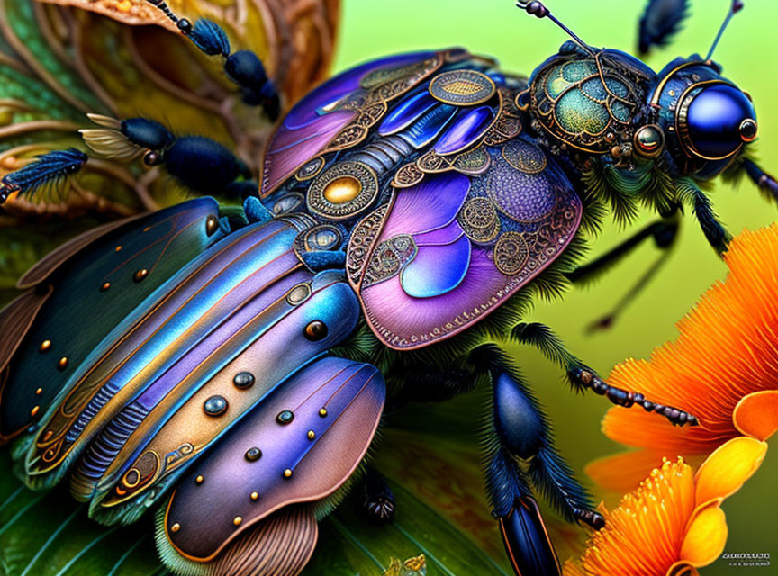 Colorful Digital Art: Mechanical Beetle-Inspired Insect on Foliage