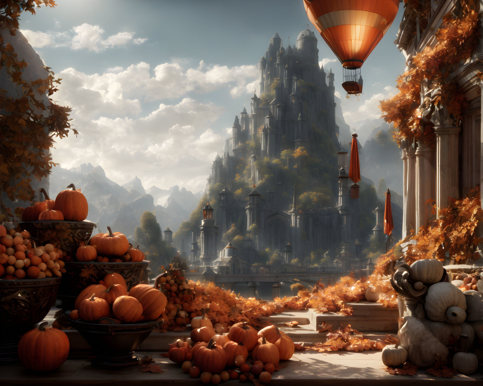 Majestic castle in autumn setting with pumpkins, teddy bear, and hot air balloon