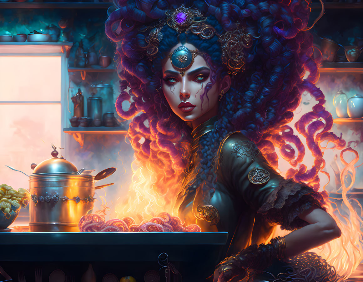 Fantastical image: Woman with purple hair cooking over magical flames