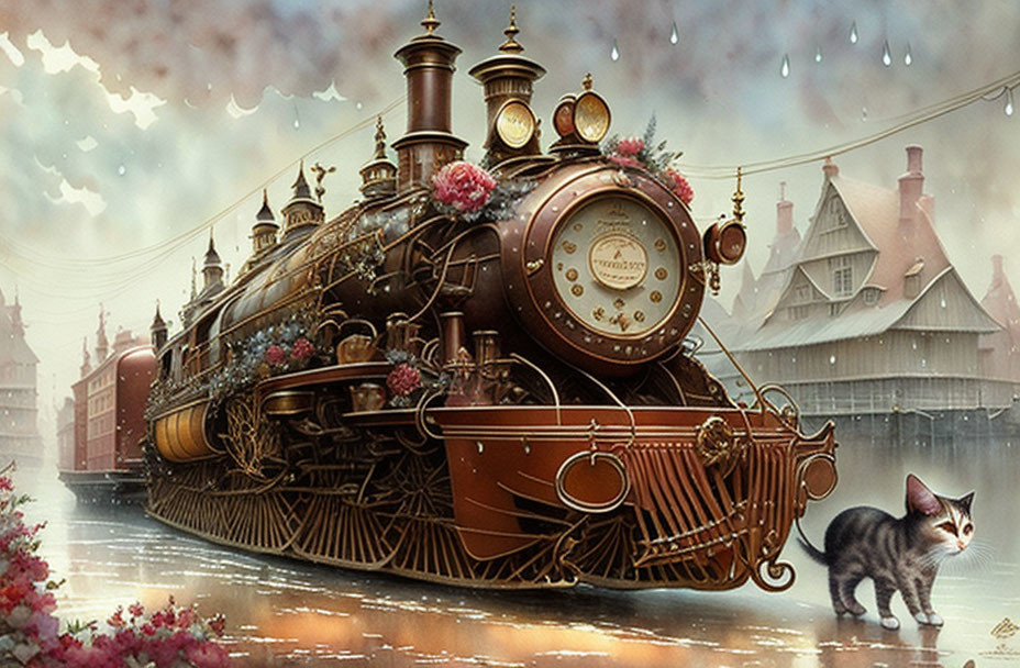 Steampunk-style train in rainy cityscape with floral decorations.