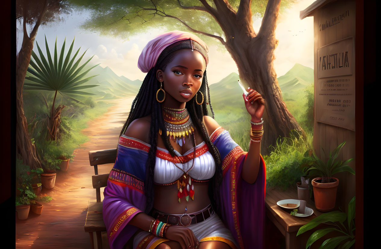 Digital illustration: Woman in African attire by dirt road with "Afritalia" signpost