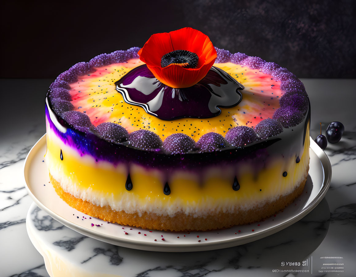 Colorful Mirror Glaze Dessert with Poppy Flower on White Plate