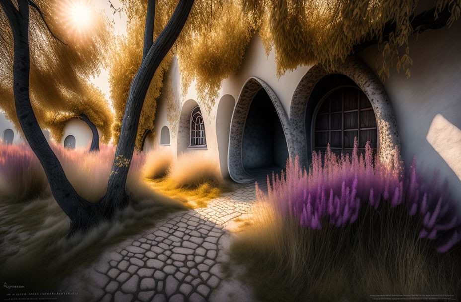 Whimsical fantasy landscape with round doorways, cobblestone path, and purple flowers