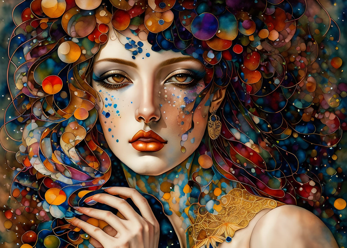 Vibrant surreal portrait of a woman with colorful orbs and paint splashes