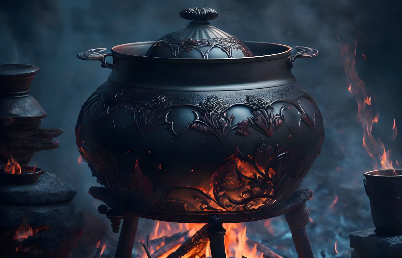 Intricately detailed cauldron over open fire with steam on dark blue background