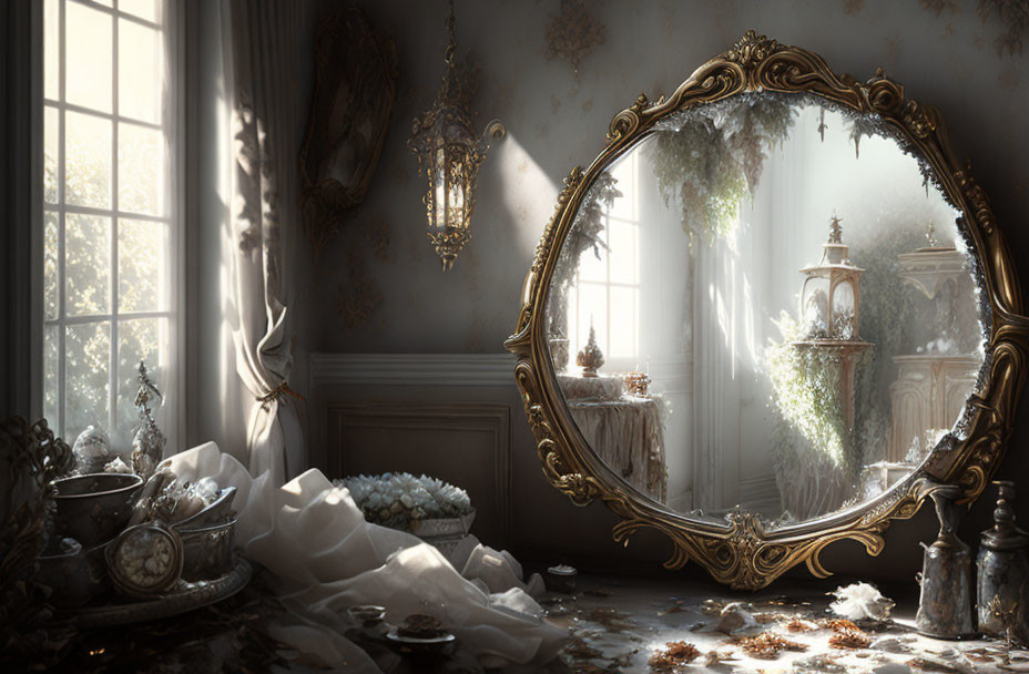 Baroque-style room with golden mirror reflecting sunlit garden and vintage decor.