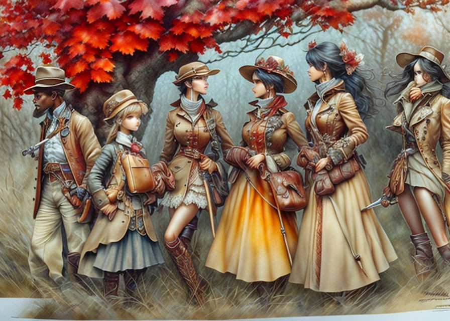 Five Steampunk-Style Characters in Victorian and Industrial Attire Amid Autumn Trees