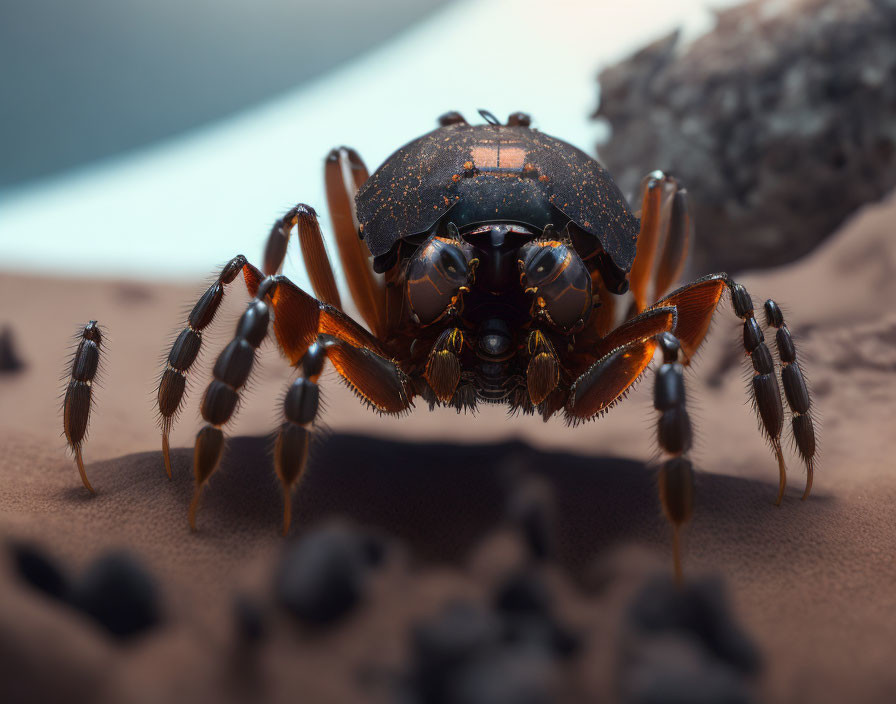 Detailed metallic spider surrounded by smaller spiders on sand