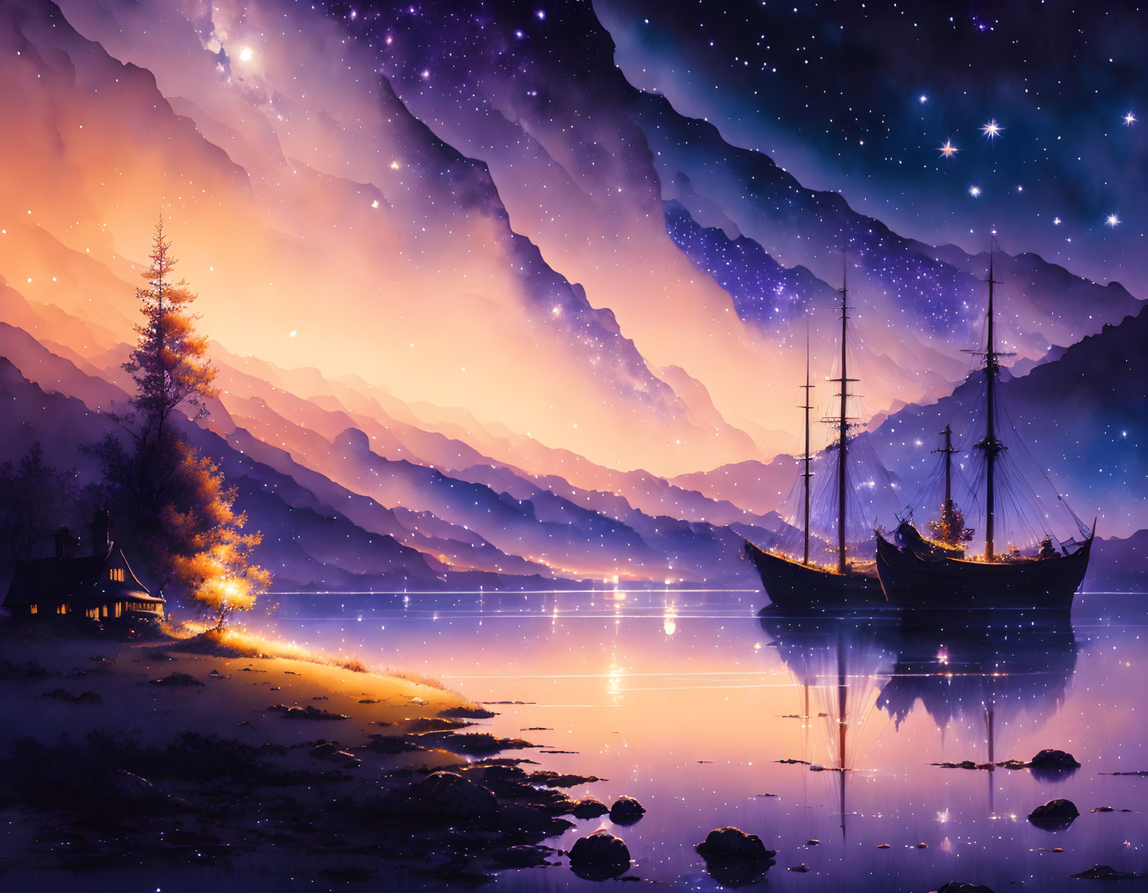 Sailing ship anchored at tree-lined shore under starry night sky