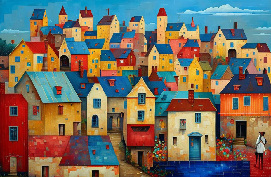 Vibrant painting of stylized village with colorful houses and observer