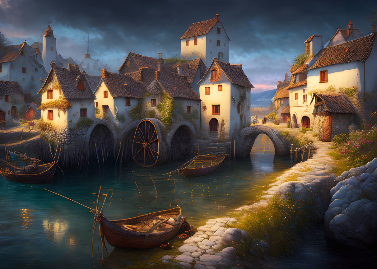 Medieval village with stone houses, watermills, river, boats, and warm twilight lights