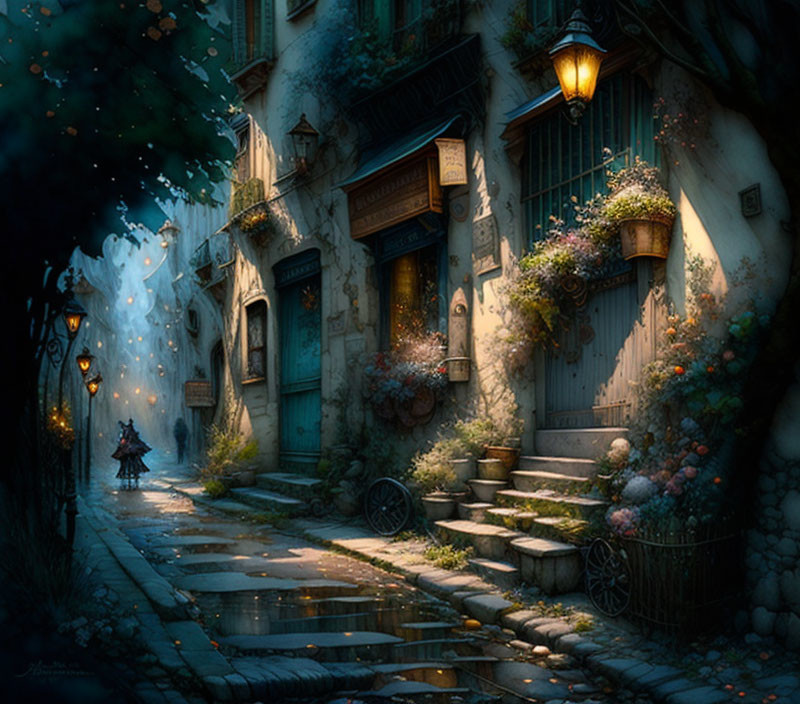 Cozy cobblestone alley with lantern-lit houses and flowers at dusk