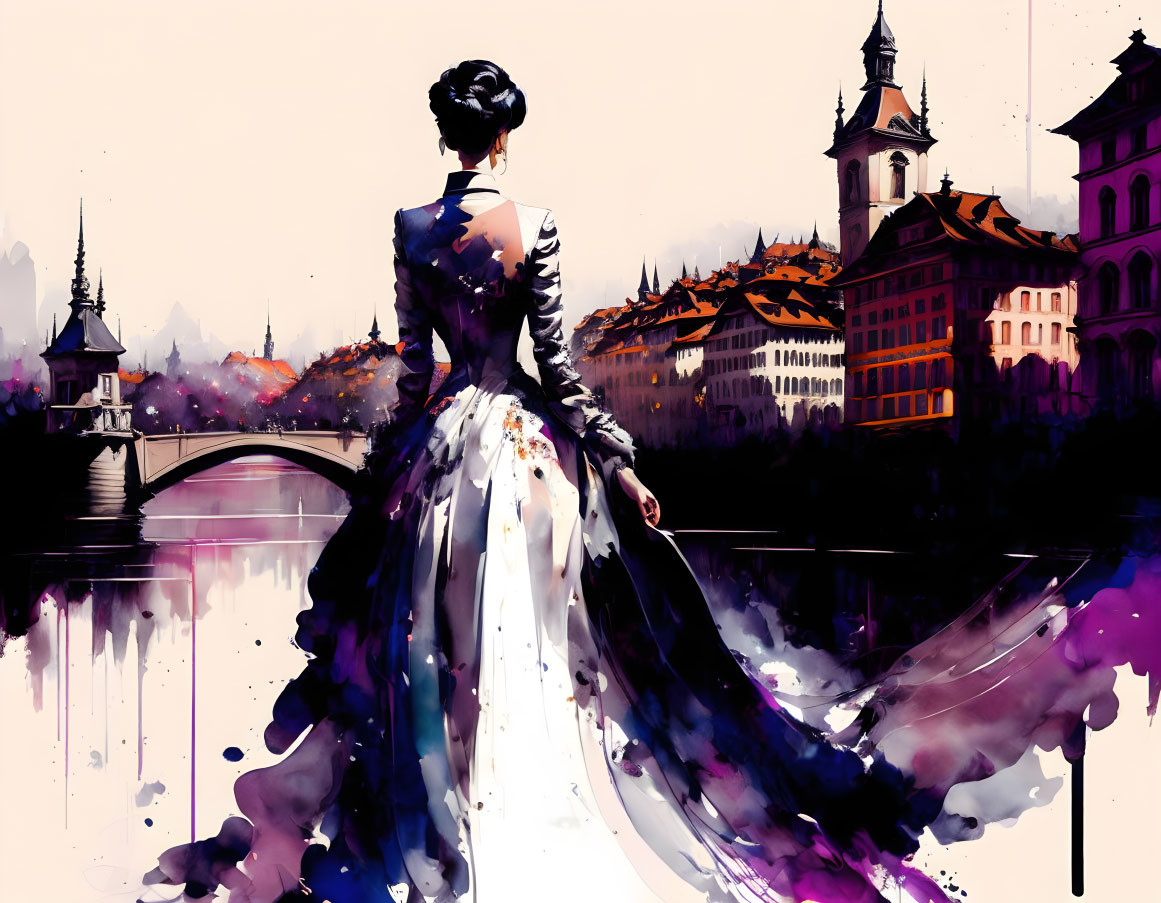 Woman in flowing dress gazes at colorful cityscape with bridges and towers in vibrant watercolor illustration