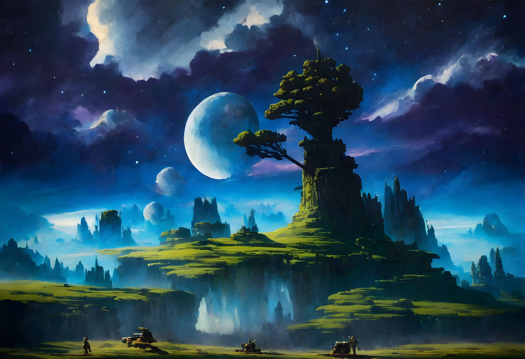 Fantastical night landscape with giant tree on floating island, moon, stars, figures with lanterns