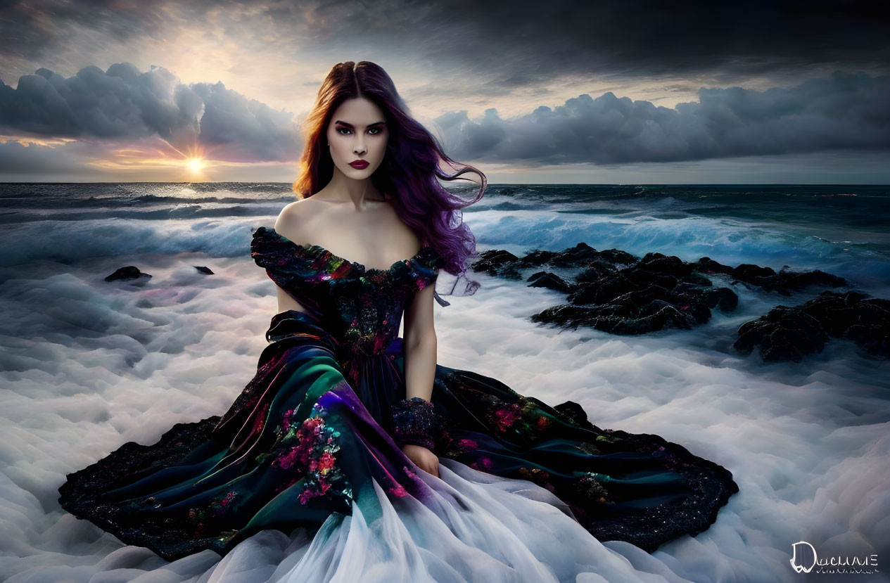 Woman in Dark Floral Gown Amidst Foamy Waves at Sunset