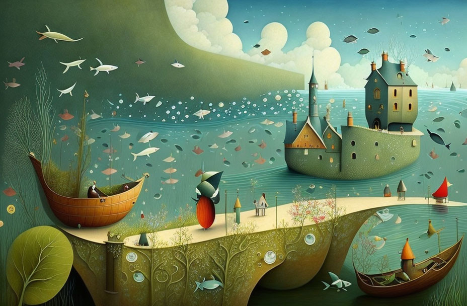 Surreal castle artwork with fish-filled water and dream-like landscape