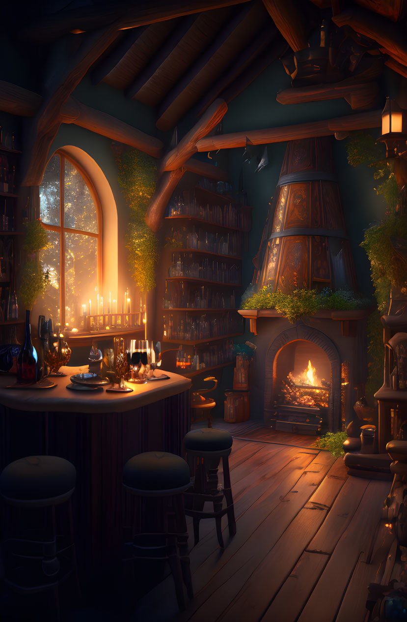 Warm Fireplace and Candle-lit Table in Cozy Tavern Interior