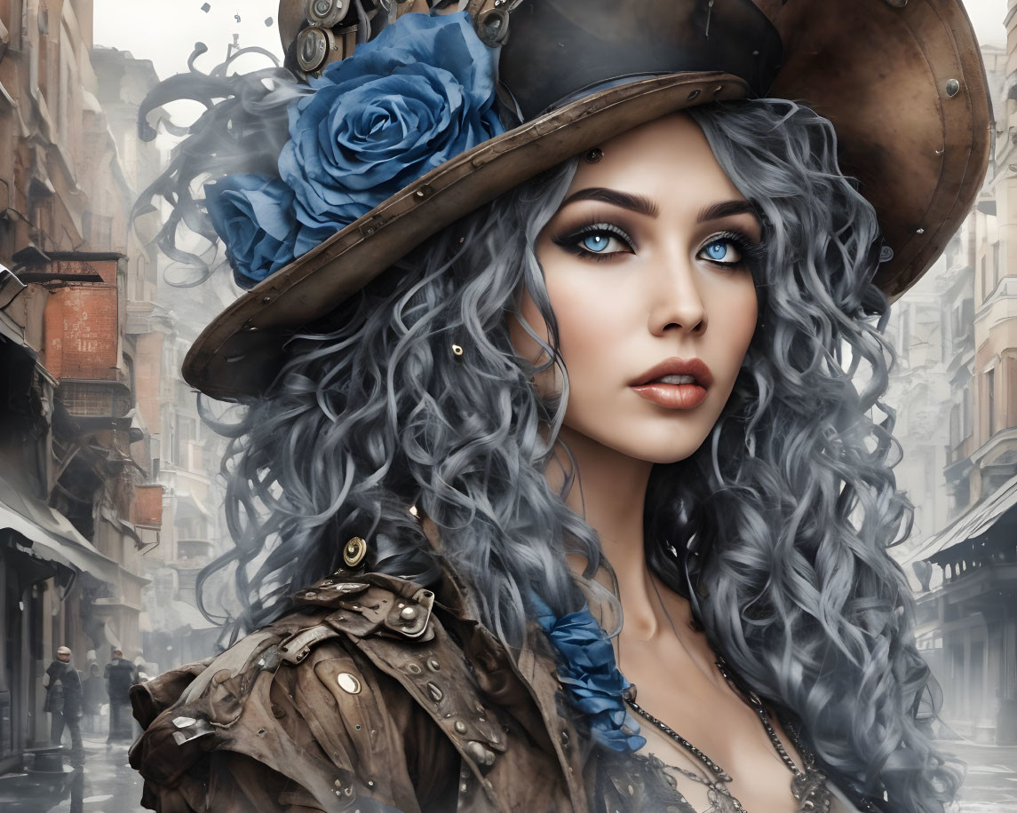 Digital artwork: Woman with blue eyes and gray hair, wearing steampunk hat with blue roses,