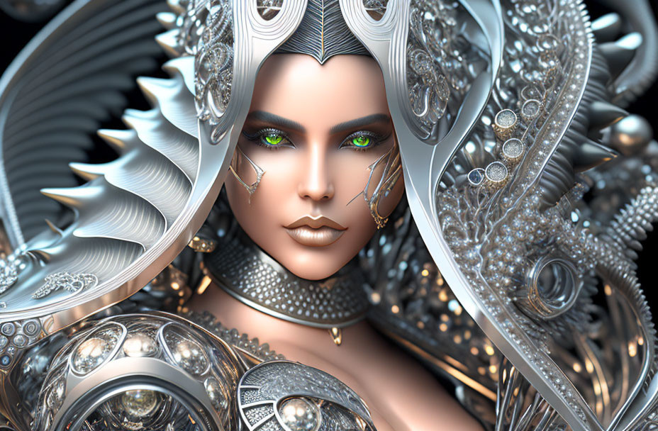 Detailed 3D Illustration of Woman in Futuristic Silver Headdress and Armor